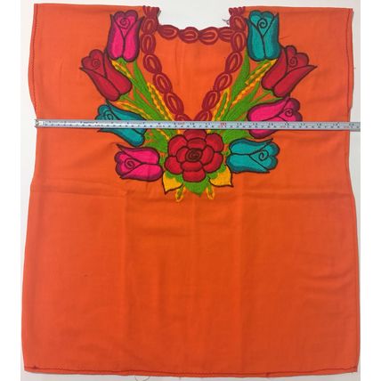 Multicolor Roses Bouquet Embroidered Cotton Canvas Orange Blouse Chiapas Mexico