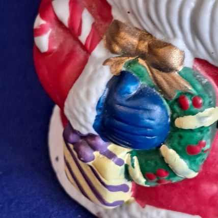 VintageChristmas SANTA CLAUS BELL Figurine Ceramic Gifts Wreat Holly Berry 6 1/8