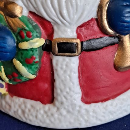 VintageChristmas SANTA CLAUS BELL Figurine Ceramic Gifts Wreat Holly Berry 6 1/8