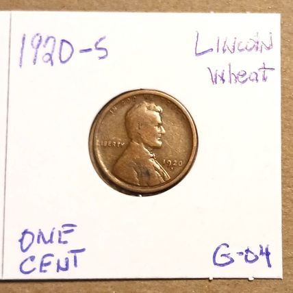 1- 1920 S ( CIRCULATED- G04 ) LINCOLN WHEAT EAR ONE CENT.