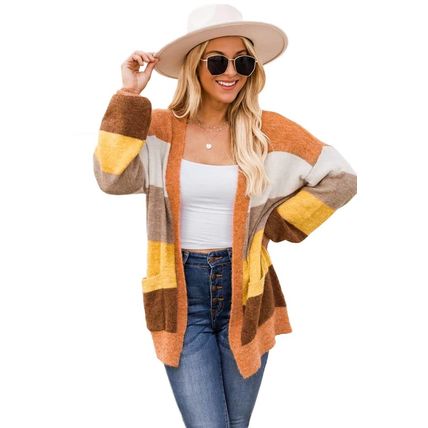 Open Front Pocketed Colorblock Cardigan