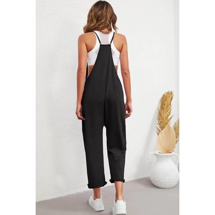 Black Pocketed Adjustable Spaghetti Strap Straight Leg Jumpsuit