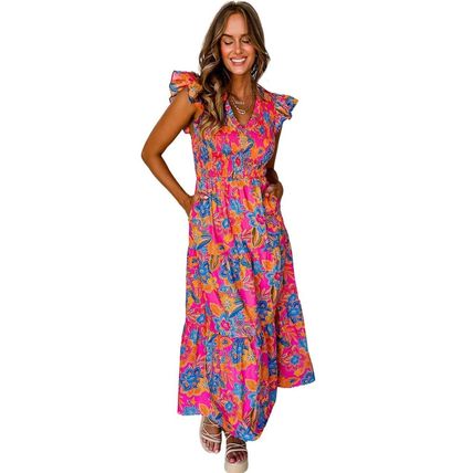 Rose Red Boho Floral V Neck Ruffle Tiered Long Dress