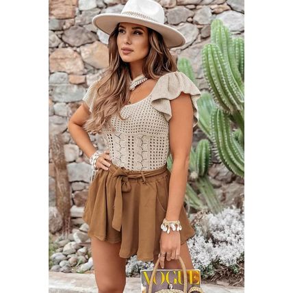 Beige Pointelle Knit Flutter Sleeve Sweater