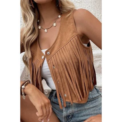 Camel Fringed Snap Button Front Suedette Vest