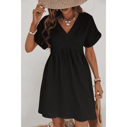 Black Folded Short Sleeve Lace V Neck Mini Dress