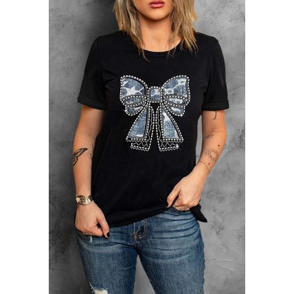 Black Rhinestone Bowknot Graphic Crewneck T Shirt