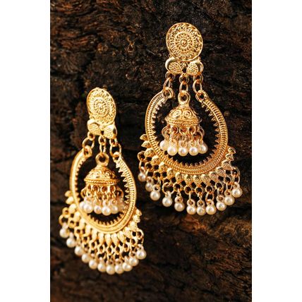 Gold Boho Pearl Tasseled Alloy Dangle Earrings