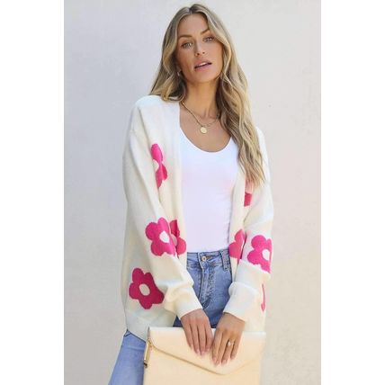 Rose Red Flower Pattern Open Front Cardigan