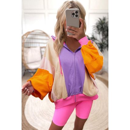 Grapefruit Orange Oversized Colorblock Patchwork Full Zipped Hoodie