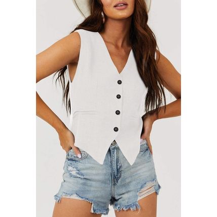 White Solid Color Button up V Neck Suit Vest
