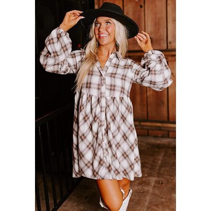 White Plaid Bubble Sleeve Flowy Shirt Dress