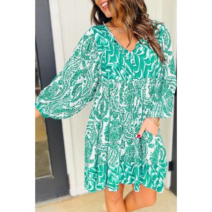 Green Bohemian Print Puff Sleeve Tied V Neck Flared Mini Dress