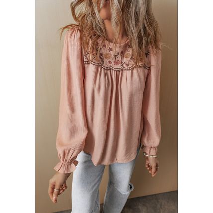Gossamer Pink Floral Embroidered Textured Flounce Sleeve Elegant Blouse