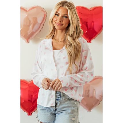 White Love Heart Print Drop Shoulder Puff Sleeve Shirt