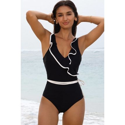 Black Color Contrast Ruffled Wrap V Neck Swimsuit