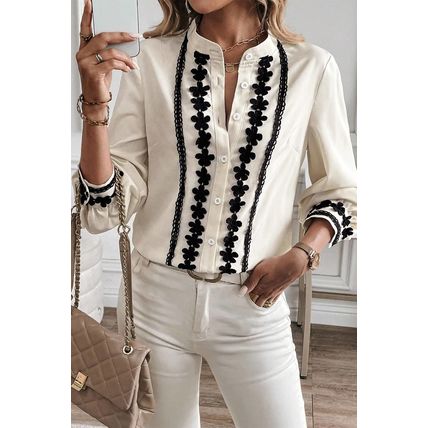 Beige Floral Embroidered Stand Neck Buttoned Shirt