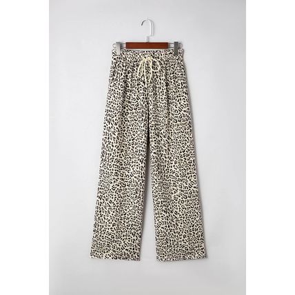 Brown Leopard Drawstring Elastic Waistband Loose Pants