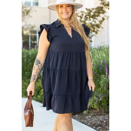 Navy Blue Collared V Neck Flutter Sleeve Tiered Plus Size Dress