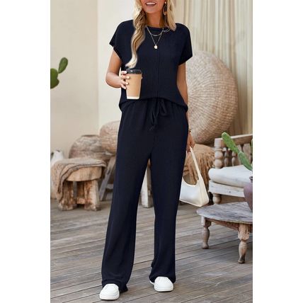 Navy Blue Solid Color Corded Short Sleeve Top and Casual Pants Set