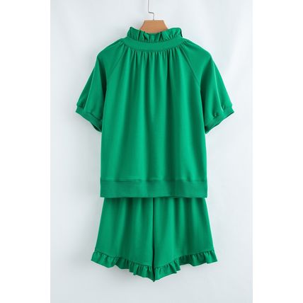 Sea Green Half Zip Puff Sleeve Top and Ruffled Shorts Set