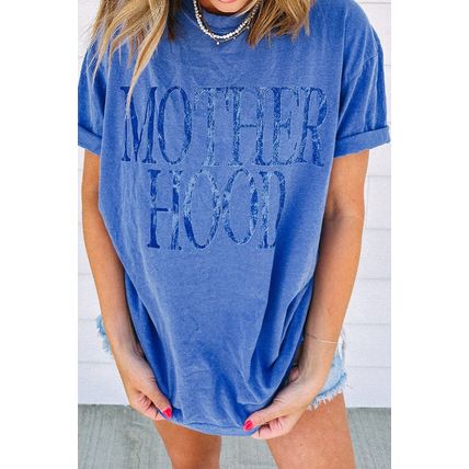 Sky Blue Vintage MOTHERHOOD Letter Graphic T Shirt