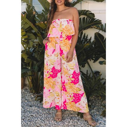Multicolour Floral Print Ruffled High Waist Tube Top Loose Jumpsuit