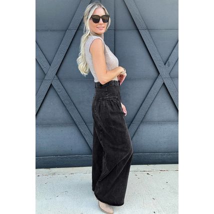 Dark Grey Pleated Wide Leg Mineral Wash Denim Pants