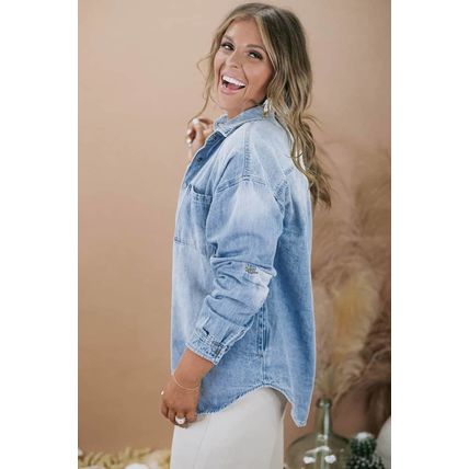 Sky Blue Plus Size Chest Pocket Button-Up Denim Shacket
