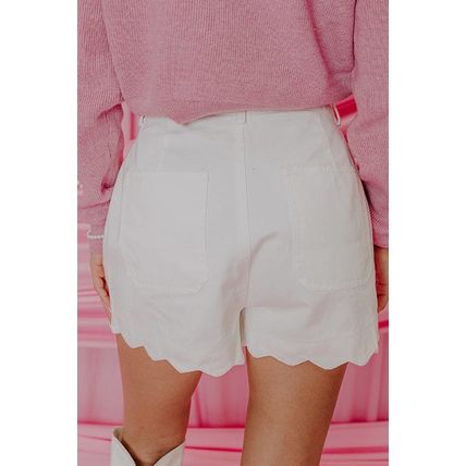 White Scalloped Hemline Acid Wash High Waist Denim Shorts