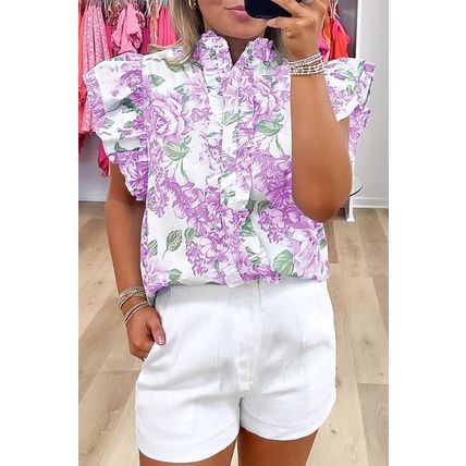 Purple Floral Print Ruffle Sleeve Frilly Button Up Shirt