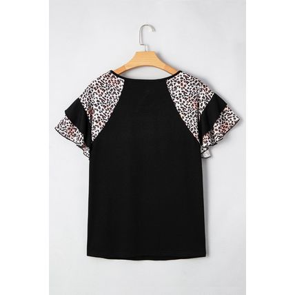 Black Leopard Ruffle Patchwork Sleeve Plus Size Summer Top