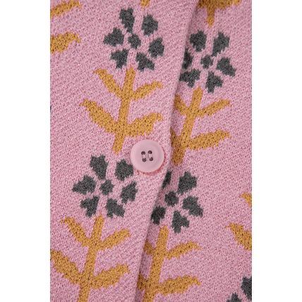 Pink Floral Button Down Ribbed Banded Cardigan Sweater
