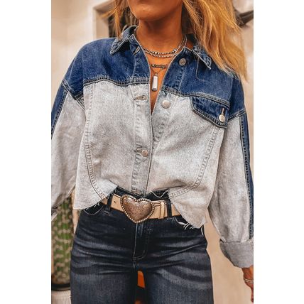 Dusk Blue Color Block Patchwork Flap Detail Distress Denim Jacket