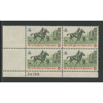 US 1478, 1973 8c Postrider, LL PBof4, VF, MNH (US433)