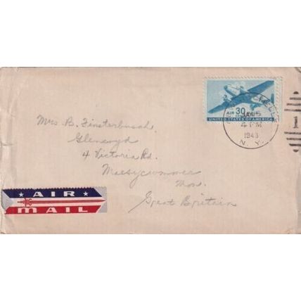 United States 1943 New Rochelle NY-United Kingdom Cover New Rochelle cancel VGC