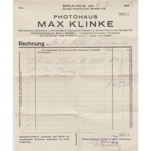 Receipt for Max Klinke Photographer from Berlin December 1934