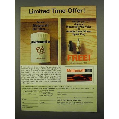 1975 Motorcraft FL-1 Oil Filter Ad - Limited Time Offer