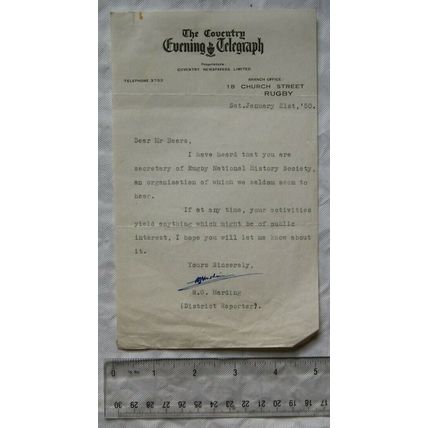 1950 letter The Coventry Evening Telegraph re Rugby National History Society