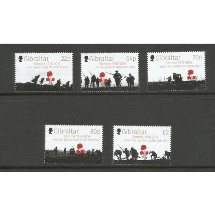 Gibraltar 2016 Centenary Of The Battle Of The Somme UMM Set SG 1684 / 1688