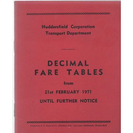 Huddersfield Corporation Decimal Fare Table Feb 1971