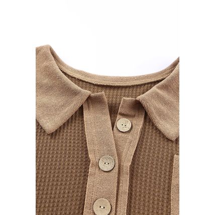 Brown Waffle Knit Buttoned Long Sleeve Top