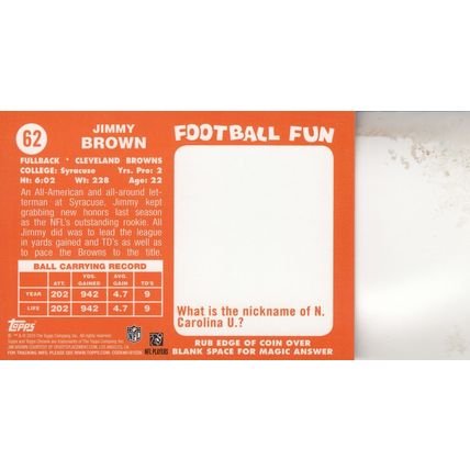 JIMMY BROWN 2010 AUTOGRAPHED CLEVELAND BROWNS HOF WORLD CHAMPION FULLBACK CARD