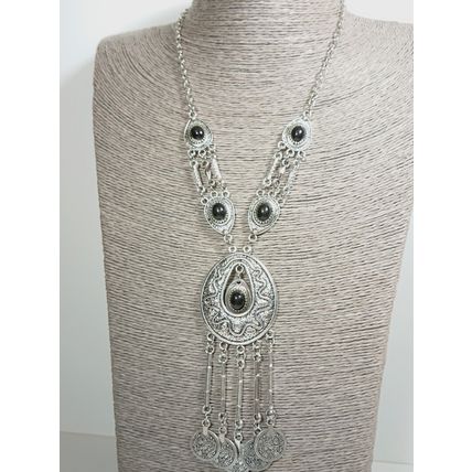 Bohemian Tribal Festival Antique Tibetan Silver Coins Black Necklace