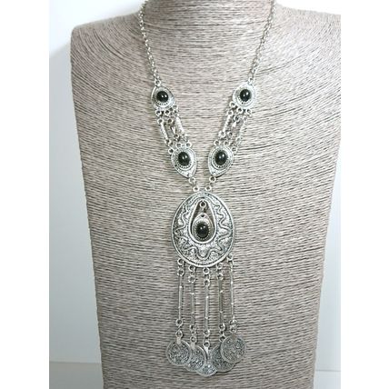 Bohemian Tribal Festival Antique Tibetan Silver Coins Black Necklace