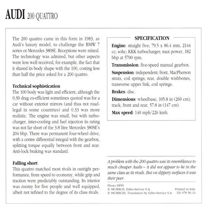 Collectors Club card. Classic Cars. Audi 200 Quattro