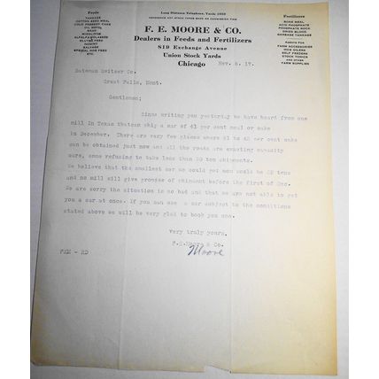 F. E. Moore & Co., Chicago, Dealers in Feeds & Fertilizers, Business Letter