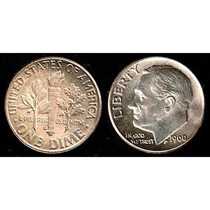 USA Dime 1960 Coin 10c Roosevelt Torch D Denver Mint