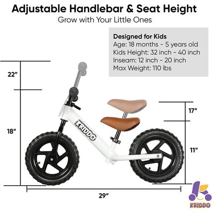 KRIDDO Toddler Balance Bike 2 Year Old, Age 24 Months to 5 Years Old, 12 Inch Pu
