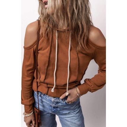 Cinnamon Exposed Seam Cold Shoulder Drawstring Hoodie